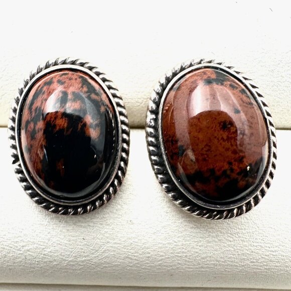 Vintage Taxco Mexico Mohagany Jasper Sterling silver Pierced Earrings 3/4 Inch - Picture 1 of 4